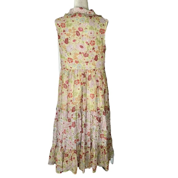 Manoush Floral Yellow Metallic Silver Pastel Ruffle Chiffon Midi Dress - 10 - Picture 10 of 16